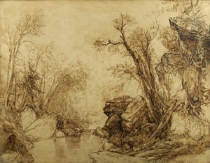 Seepiamaisema: Trees with Brook, 1854 (seepiaöljy kankaalle)